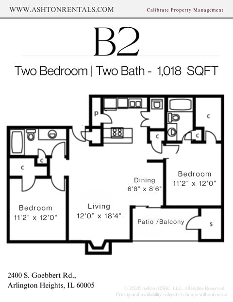 Floor plan for 2 beds, 2 baths, 1018 sqft